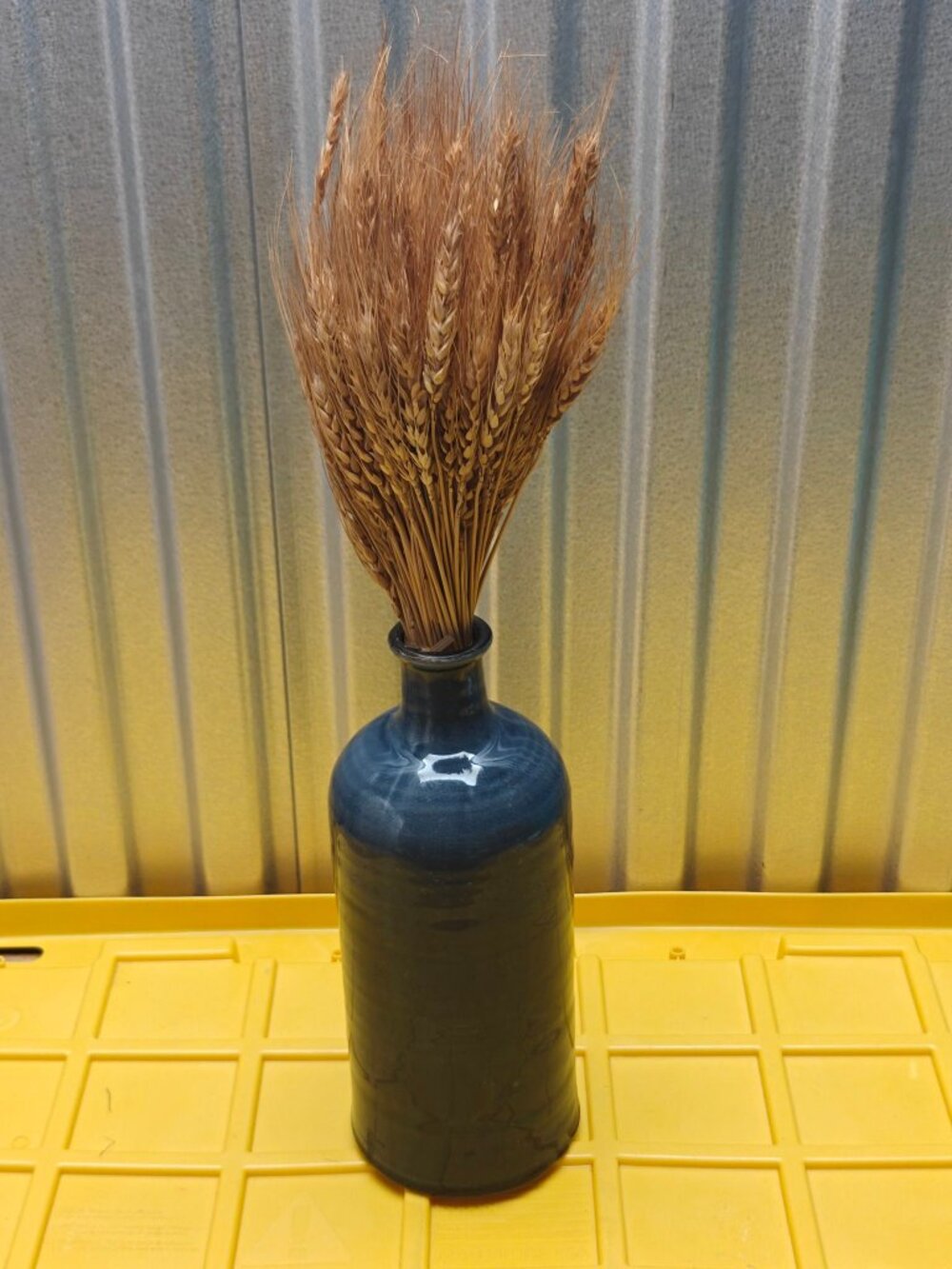 APROPOS Blue Ceramic Bottle Vase with Dried Wheat Bouquet Farmhouse Decor